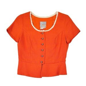 European Vintage Kuhnen Modell Orange Linen Crochet Lace Trim Short Sleeve Top